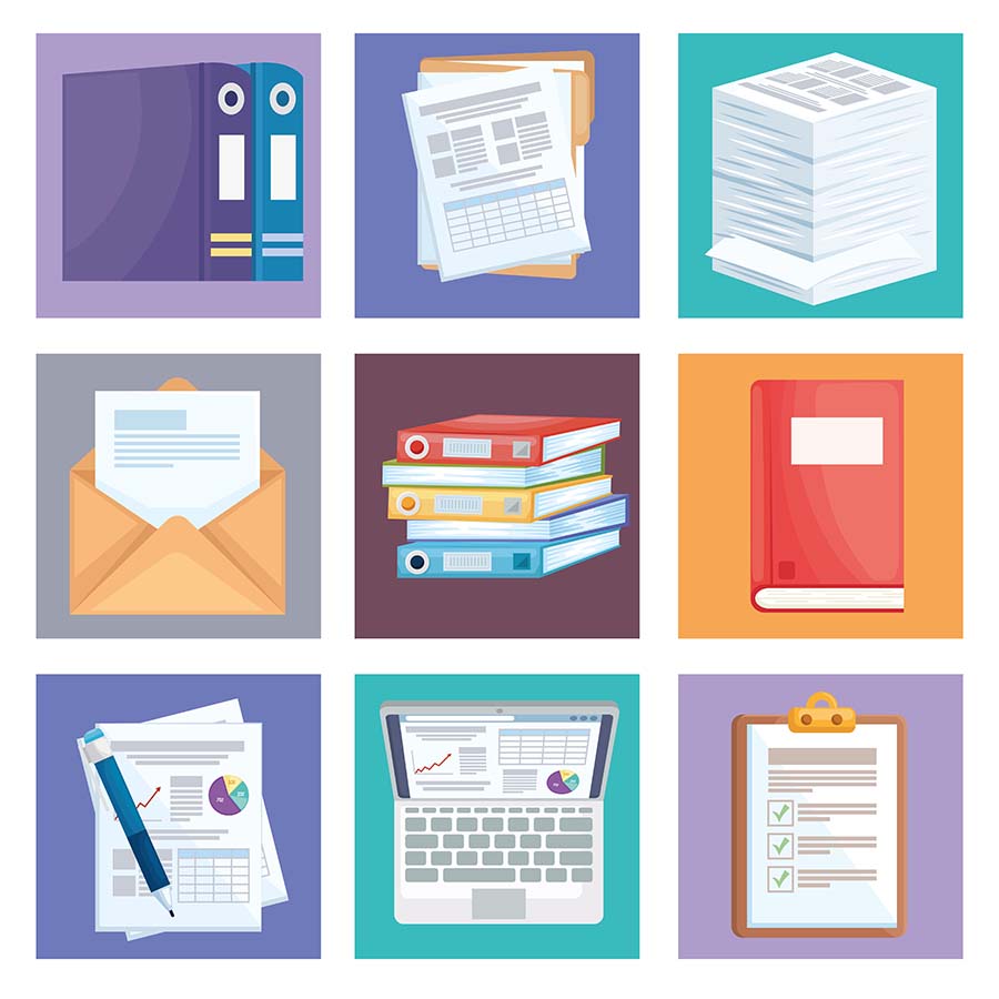 9 squares with different document illustrations
