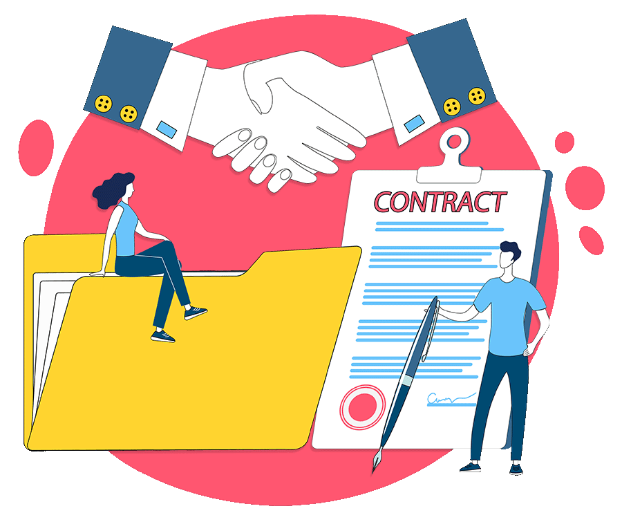 Enterprise Contract Management illustration with hands shaking on top of a contract