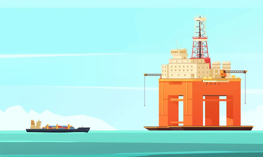 Oil and Gas rig in ocean with a boat sailing