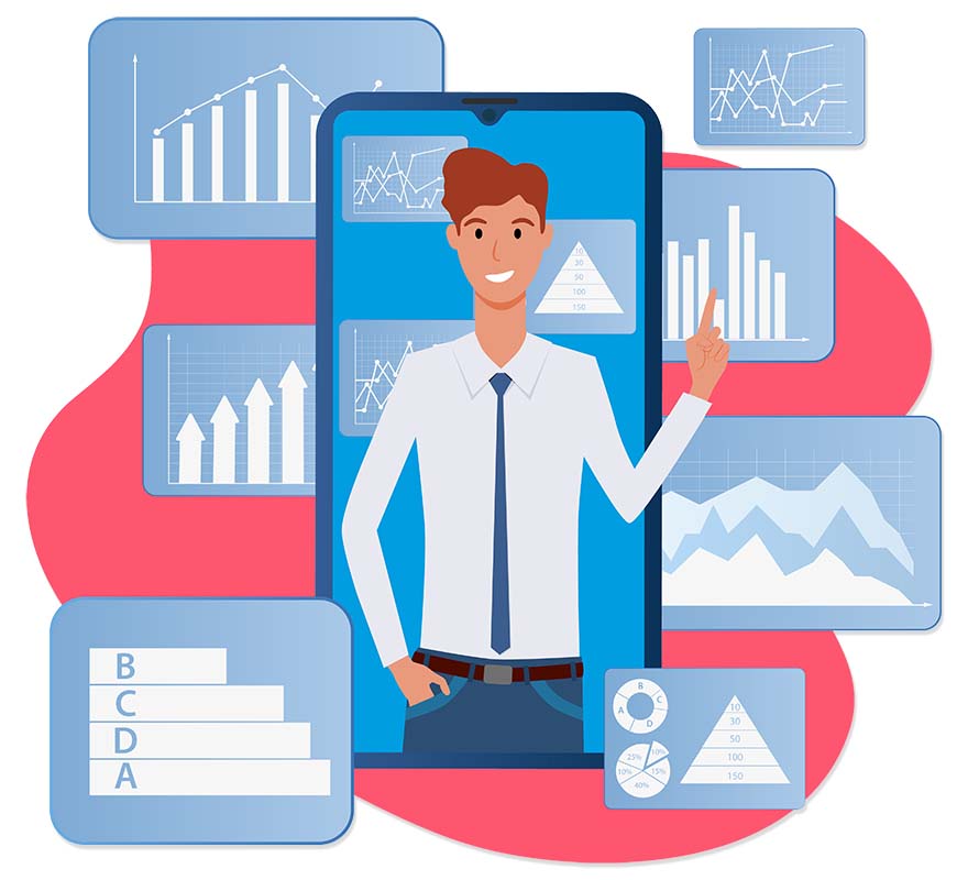 illustrated young business persons in front of a mobile screen pointing at graphs