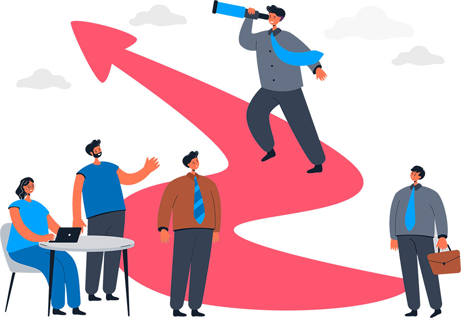 illustration of business people looking towards the future