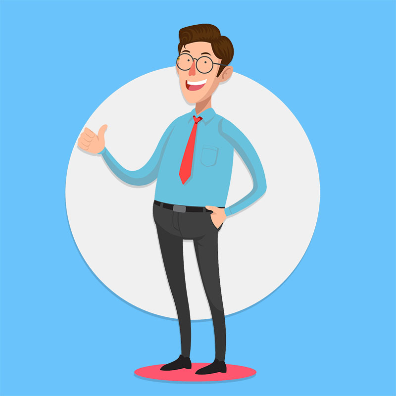 an illustration of a smiling businessperson with glasses holding right thumb up