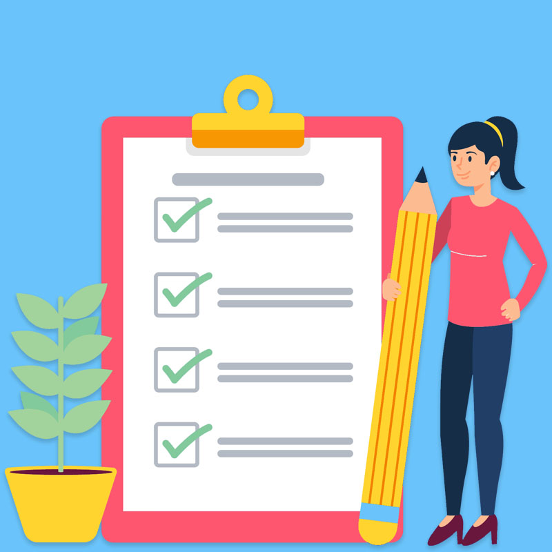 an illustration of a woman holding a pencil next to a checklist