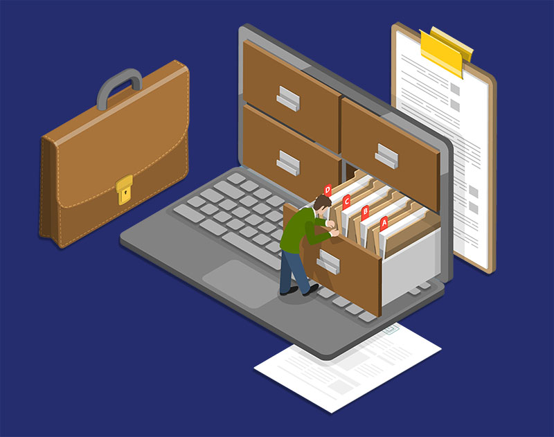 illustration of a person searching in a file cabinet popping out of a laptop screen