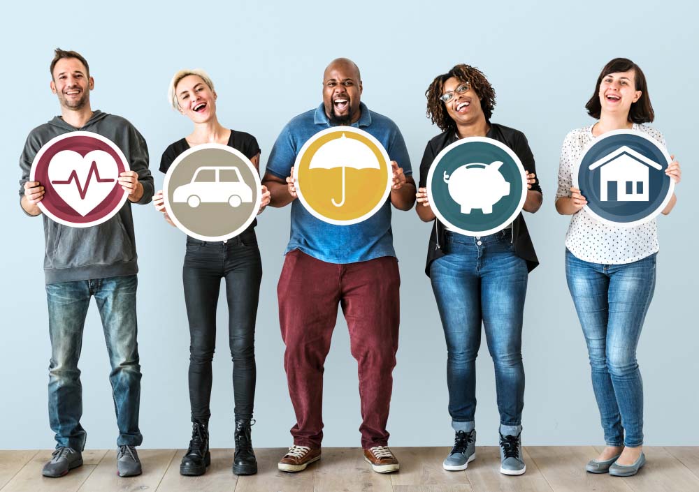 5 happy people holding insurance icons