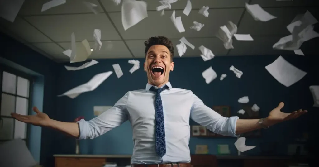 happy real estate document management software agent throwing documents in the air