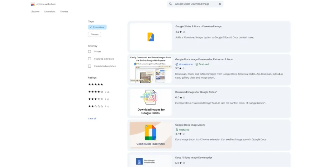 Google web store website in a browser with google slides download search results