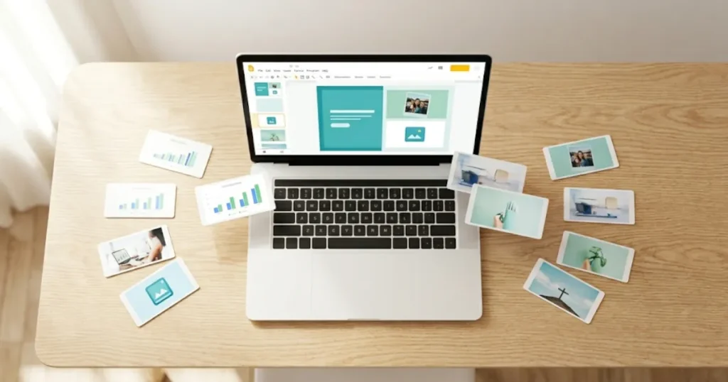 Laptop on an oak desk displaying a teal presentation deck, surrounded by scattered thumbnail cards of extracted images