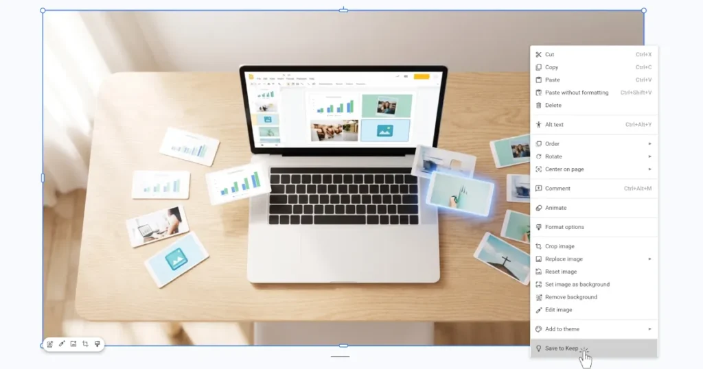 A screenshot of the google slides interface, with the image context menu open, and the cursor pointing at "Save To Keep".