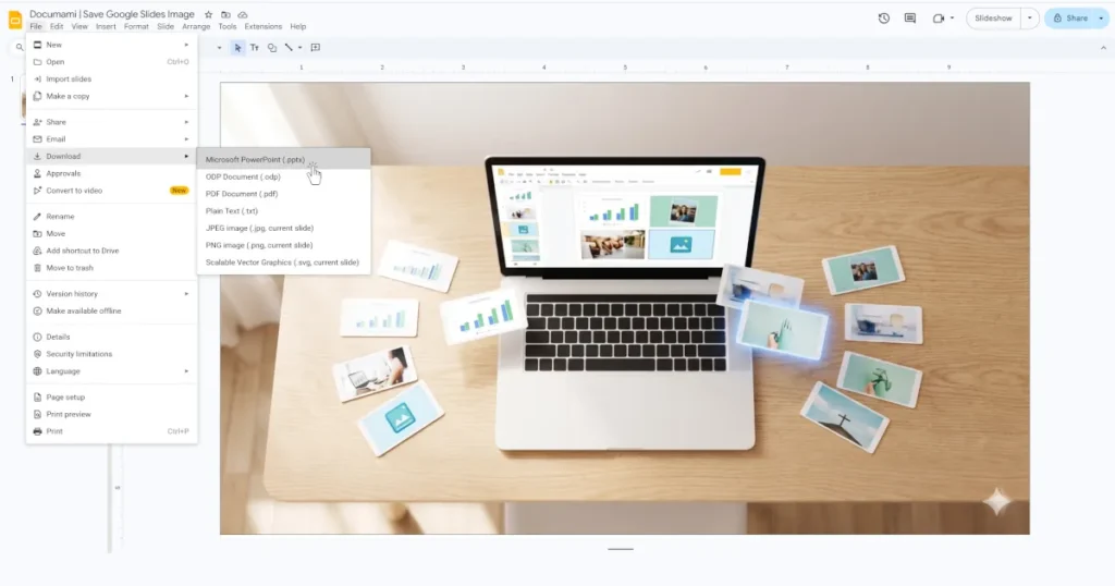 Save Google Slides presentation as PowerPoint Presentation by opening the "File" menu and selecting "Download" and then "Microsoft PowerPoint"