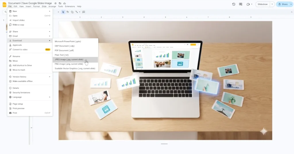 Save google slides slide as an image file by opening the "file" menu and selecting "download" and then an image format