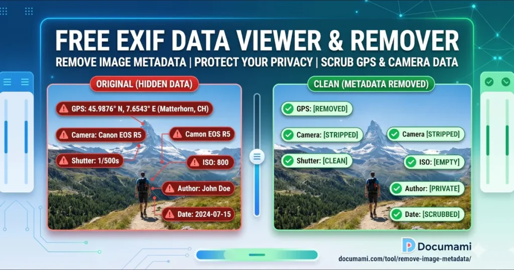 remove image metadata - Before and after comparison showing the removal of hidden GPS, camera, and EXIF data from a photo using the Documami free image metadata remover.