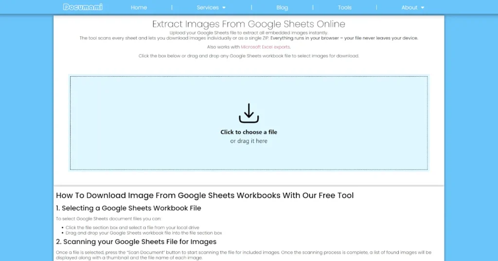 A sceenshot of Documami's extract images from Google Sheets tool