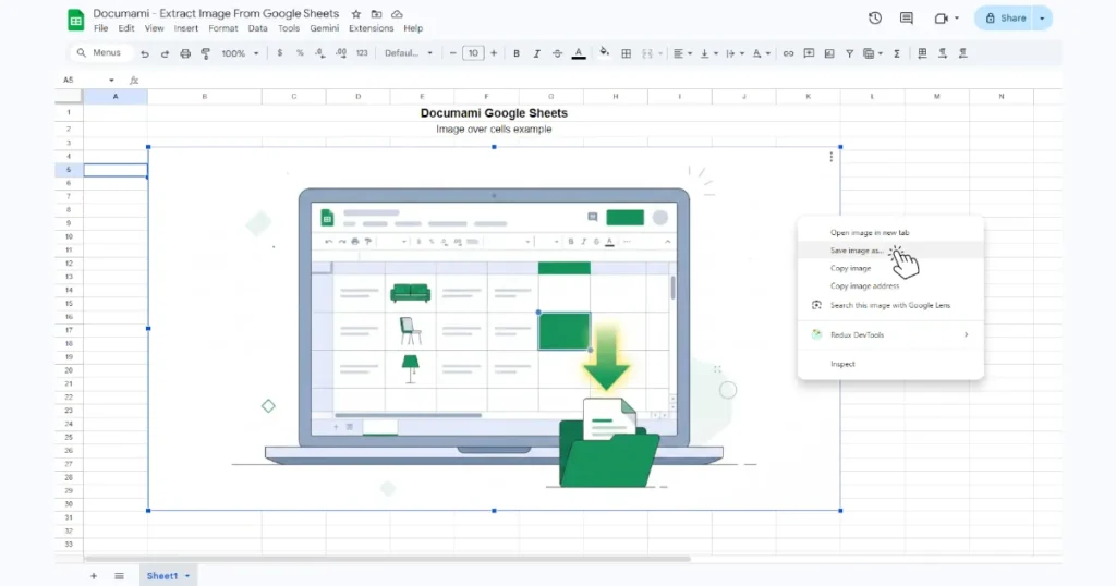 google sheets interface with a floating image. The right click menu is open on "Save image as..." to download the image