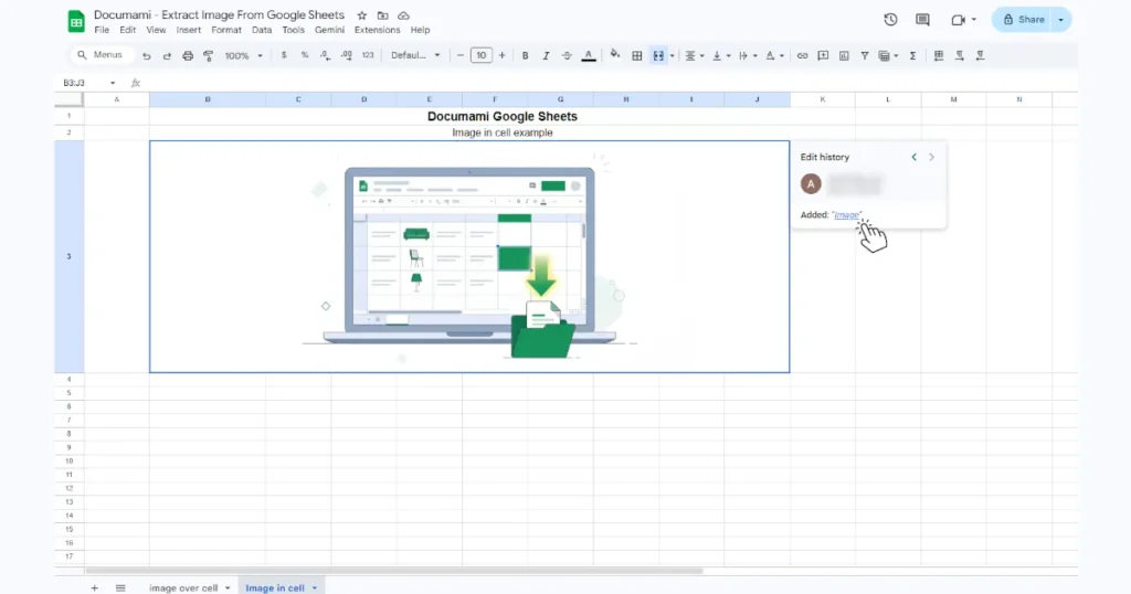 google sheets interface showing the edit history of a cell with an image with a clickable link to the image origin