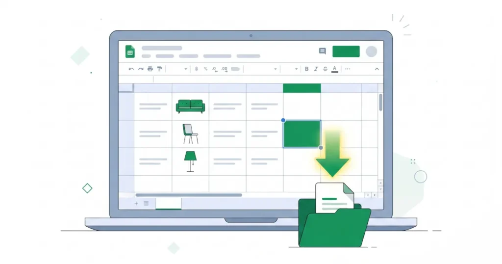 Laptop screen displaying a spreadsheet with a green arrow pointing from a cell down into an open green folder